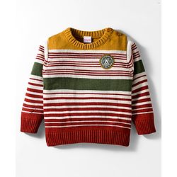 Babyhug Knitted Full Sleeves Striped Pullover Sweater With Patch Detailing - Multicolor