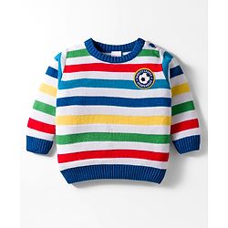 Babyhug Knitted Full Sleeves Striped Pullover Sweater With Football Patch - Multicolor
