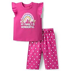 Babyhug Cotton Knit Frill Sleeves Capri Night Suit With Text & Heart Print - Pink