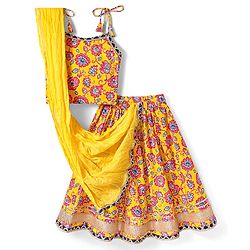 Babyhug 100% Cotton Woven Sleeveless Floral Print Lehenga Choli and Dupatta Set - Yellow