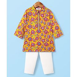 Babyhug Cotton Woven Mandarin Collar Full Sleeves Kurta Pajama Set With Floral Print - Yellow