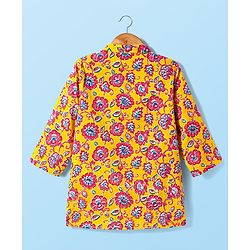 Babyhug Cotton Woven Mandarin Collar Full Sleeves Kurta Pajama Set With Floral Print - Yellow