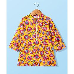 Babyhug Cotton Woven Mandarin Collar Full Sleeves Kurta Pajama Set With Floral Print - Yellow