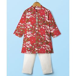 Babyhug Cotton Woven Full Sleeves Floral Cambric Printed Kurta Pajama Set - Orange & White