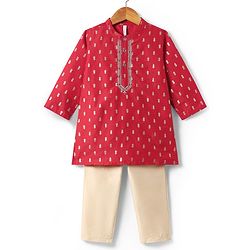 Babyhug Woven Mandarin Collar Full Sleeves Kurta Pyjama Set With Foil Print - Red