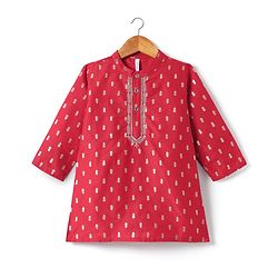 Babyhug Woven Mandarin Collar Full Sleeves Kurta Pyjama Set With Foil Print - Red
