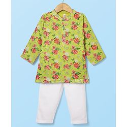 Babyhug Woven Mandarin Collar Full Length Kurta Pajama Set With Floral Print - Green