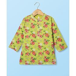 Babyhug Woven Mandarin Collar Full Length Kurta Pajama Set With Floral Print - Green