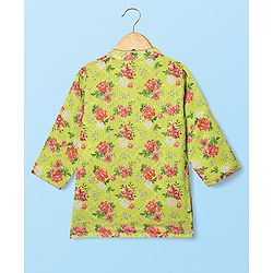 Babyhug Woven Mandarin Collar Full Length Kurta Pajama Set With Floral Print - Green