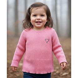 Babyhug Knit Full Sleeves Pullover Sweater with Heart Embroidery - Pink