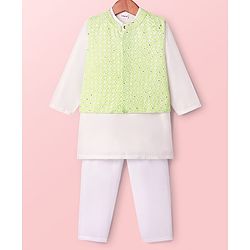 Babyhug Full Sleeves Kurta Pajama Set with Embroidered Jacket - Light Green & White