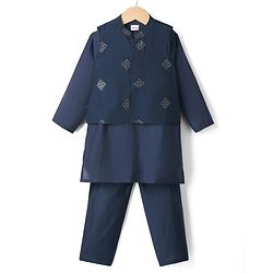 Babyhug Full Sleeves Kurta Pajama Set with Embroidered Jacket - Navy Blue