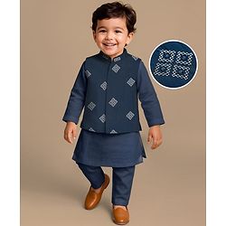 Babyhug Full Sleeves Kurta Pajama Set with Embroidered Jacket - Navy Blue
