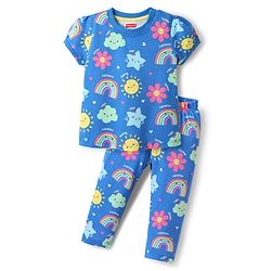 Babyhug Cotton Knit Half Sleeves Co-ords Night Suit With Floral Print - Blue