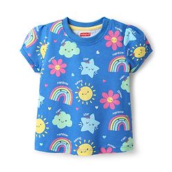 Babyhug Cotton Knit Half Sleeves Co-ords Night Suit With Floral Print - Blue