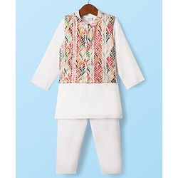 Babyhug Cotton Woven Full Sleeves Kurta Pajama Set With Printed Jacket - White