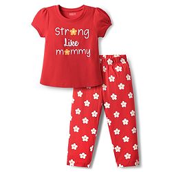Babyhug Cotton Knit Half Sleeves Night Suit With Floral Print - Red