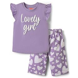 Babyhug Cotton Knit Frill Sleeves Capri Night Suit With Hearts Prints - Lavender