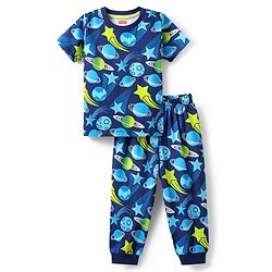 Babyhug Cotton Knit Half Sleeves Co-ords Night Suit with Space Theme Print - Navy Blue