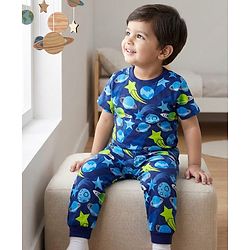 Babyhug Cotton Knit Half Sleeves Co-ords Night Suit with Space Theme Print - Navy Blue