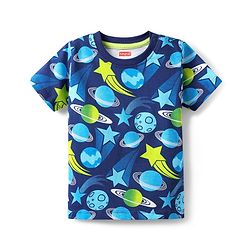 Babyhug Cotton Knit Half Sleeves Co-ords Night Suit with Space Theme Print - Navy Blue