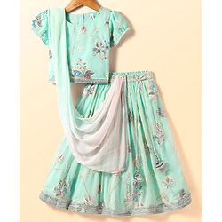 Babyhug Woven Half Sleeves Lehenga Choli & Dupatta Set With Floral Embroidery - Aqua