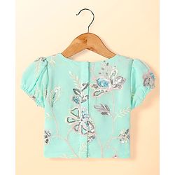 Babyhug Woven Half Sleeves Lehenga Choli & Dupatta Set With Floral Embroidery - Aqua