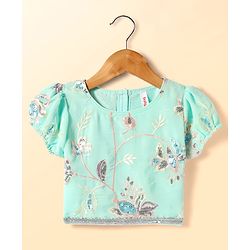 Babyhug Woven Half Sleeves Lehenga Choli & Dupatta Set With Floral Embroidery - Aqua