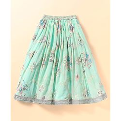 Babyhug Woven Half Sleeves Lehenga Choli & Dupatta Set With Floral Embroidery - Aqua