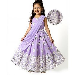 Babyhug Woven Sleeveless Georgett Pitta Work Embriodered Lehenga Choli & Dupatta Set - Purple