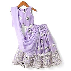 Babyhug Woven Sleeveless Georgett Pitta Work Embriodered Lehenga Choli & Dupatta Set - Purple