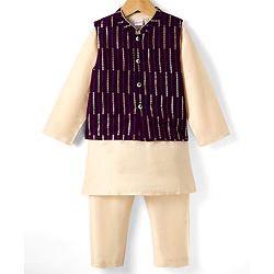 Babyhug Woven Mandarin Collar Full Sleeves Kurta Pajama Set with Sequin Embroidered Jacket - Purple