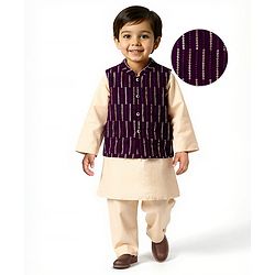 Babyhug Woven Mandarin Collar Full Sleeves Kurta Pajama Set with Sequin Embroidered Jacket - Purple