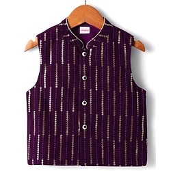 Babyhug Woven Mandarin Collar Full Sleeves Kurta Pajama Set with Sequin Embroidered Jacket - Purple