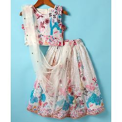 Babyhug Woven Sleeveless Georgett Embroidered Choli With Lehenga and Dupatta Set with Floral Print & Sequin - White