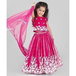 Babyhug Woven Sleeveless Floral Embroidered Choli Lehenga With Dupatta Set - Pink