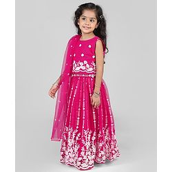 Babyhug Woven Sleeveless Floral Embroidered Choli Lehenga With Dupatta Set - Pink