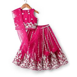 Babyhug Woven Sleeveless Floral Embroidered Choli Lehenga With Dupatta Set - Pink