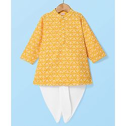 Babyhug Woven Mandarin Collar Full Sleeves Kurta Dhoti Set With Abstract Print - Yellow