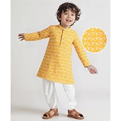 Babyhug Woven Mandarin Collar Full Sleeves Kurta Dhoti Set With Abstract Print - Yellow