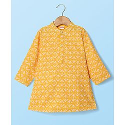 Babyhug Woven Mandarin Collar Full Sleeves Kurta Dhoti Set With Abstract Print - Yellow