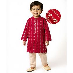 Babyhug Woven Full Sleeves Kurta Pajama Set With Floral & Sequin Embroidered - Red