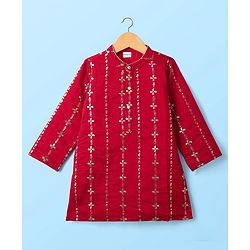 Babyhug Woven Full Sleeves Kurta Pajama Set With Floral & Sequin Embroidered - Red
