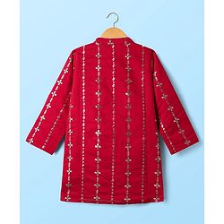 Babyhug Woven Full Sleeves Kurta Pajama Set With Floral & Sequin Embroidered - Red