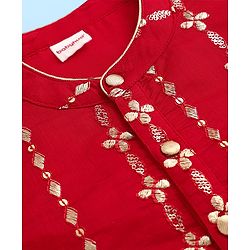 Babyhug Woven Full Sleeves Kurta Pajama Set With Floral & Sequin Embroidered - Red
