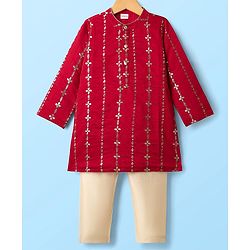 Babyhug Woven Full Sleeves Kurta Pajama Set With Floral & Sequin Embroidered - Red