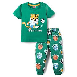 Babyhug Cotton Knit Half Sleeves Night Suit With Tiger Print - Green