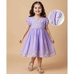 Babyhug Woven Full Length Half Sleeves Ethnic Dress With Floral Embriodery - Lavender