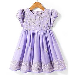 Babyhug Woven Full Length Half Sleeves Ethnic Dress With Floral Embriodery - Lavender