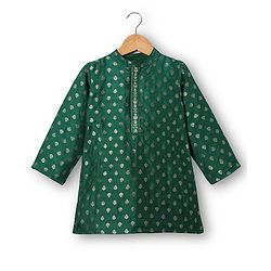 Babyhug Woven Full Sleeves Mandarin Collared Kurta & Dhoti Set With Foil Print - Green